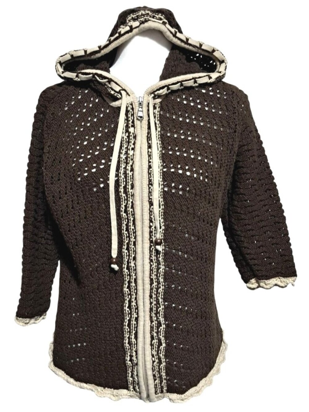 Eddie Bauer Crochet Knit Hoodie Sweater Womens XL Brown Beige Zip Front Boho Y2K